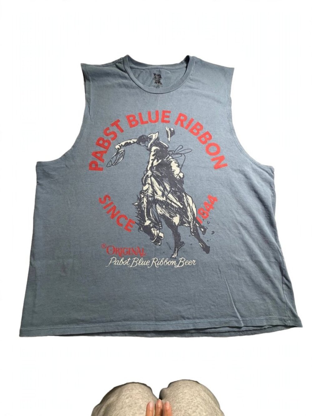 Pabst Blue Ribbon Tank Top Mens L Dusty Blue Sleeveless Cowboy Bronco Graphic Te